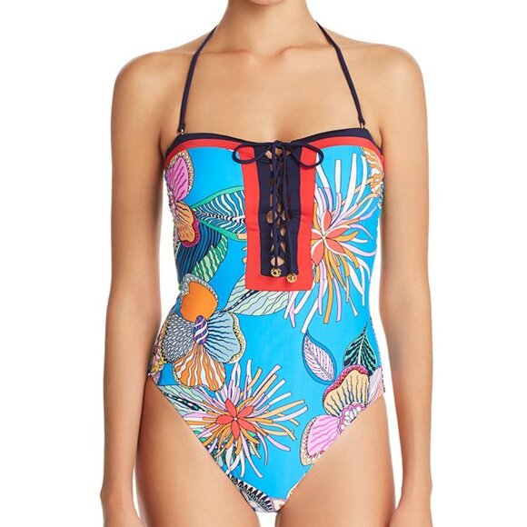 NWT Trina Turk Tahiti Tropical Lace Up Bandeau One Piece Swimsuit 6 - Picture 1 of 2